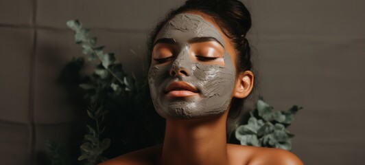 Woman clay face mask. Natural clay face mask in spa salon. Horizontal photo. For banners, posters,...