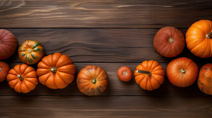 A group of pumpkins on a dark red color wood boards