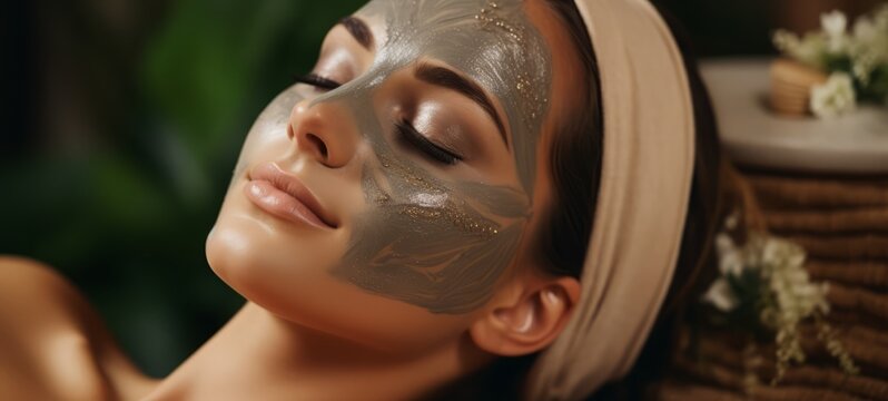 Woman applying a natural clay face mask in spa salon. Clay mask. Horizontal photo. For banners, posters, advertising.