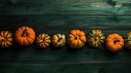 A group of pumpkins on a dark green color wood boards