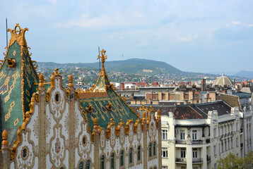 A high angle view of buildings in central Budapest, Hungary. 