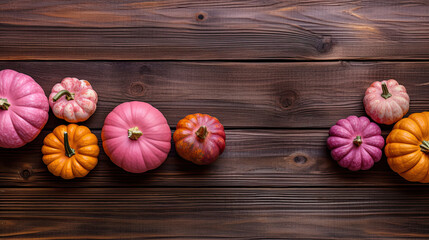 A group of pumpkins on a dark pink color wood boards