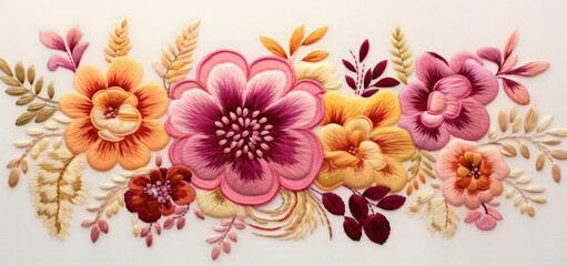 Vintage Rose: A Bright and Colorful Floral Pattern on a Retro Retro Wallpaper, Handmade with Creative Embroidery and Ornate Stitching on a White Background