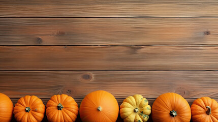 A group of pumpkins on a light orange color wood boards