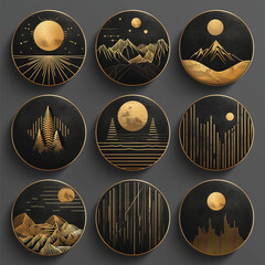 Set of Instagram Highlight Covers Icon, Social media set in boho landscape travel style. Gold and Black Abstract Icons isolated on darl black background. - obrazy, fototapety, plakaty