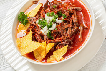 birria de res, mexican beef stew in pepper sauce