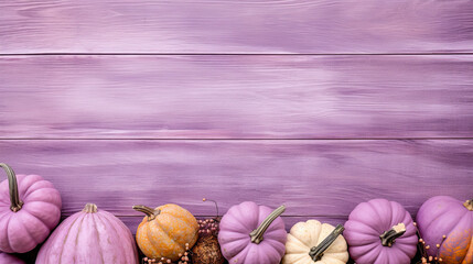 Fototapeta na wymiar A group of pumpkins on a light purple color wood boards