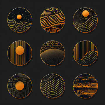 Set Of Instagram Highlight Covers Icon, Social Media Set In Boho Landscape Travel Style. Gold And Black Abstract Icons Isolated On Darl Black Background.