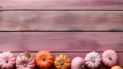 A group of pumpkins on a light pink color wood boards