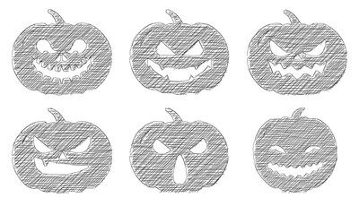 Set of Halloween pumpkin on transparent background, sketch drawing