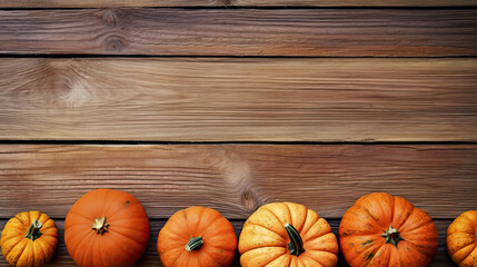 A group of pumpkins on a vivid orange color wood boards