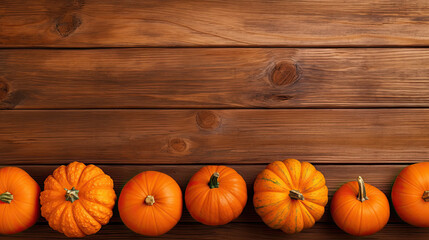 A group of pumpkins on a vivid orange color wood boards