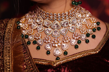 Closeup of kundan necklace on indian bride, kundan jewellery