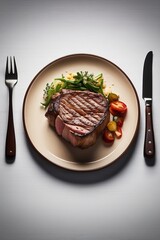 Grilled beef steak with asparagus and tomatoes on wooden board