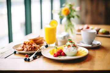 fresh breakfast on a wooden table with fruit, eggs, and coffee