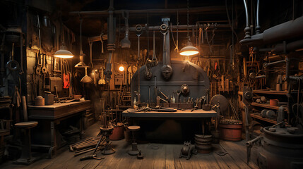 Studio blacksmith retro workshop, concept vintage aesthetic, studio tool blacksmith presentable - obrazy, fototapety, plakaty