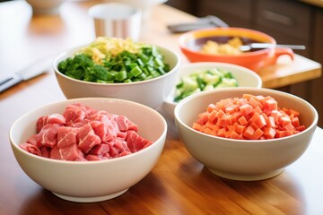 raw diced beef and vegetables prepped in separate bowls - obrazy, fototapety, plakaty