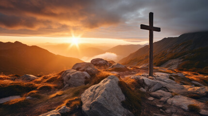 Holy cross the symbol of death and resurrection of Jesus Christ with dramatic sunset. - obrazy, fototapety, plakaty