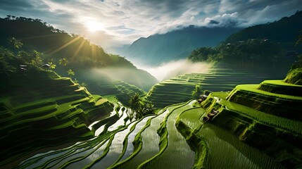 Rice terraces in the morning. Rice fields on terraced of Mu Cang Chai, YenBai, Vietnam