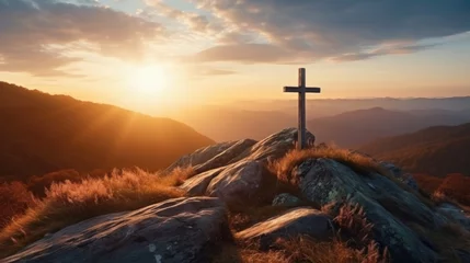 Foto op Plexiglas Holy cross the symbol of death and resurrection of Jesus Christ with dramatic sunset. © ANEK