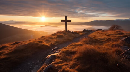 Holy cross the symbol of death and resurrection of Jesus Christ with dramatic sunset.