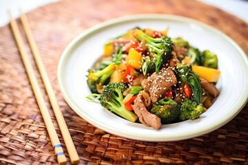 beef teriyaki stir-fry with peppers and broccoli florets