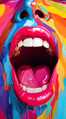 woman mouth with open lips painted with colorful paint with splashes. Artistic makeup poster. Sexy...