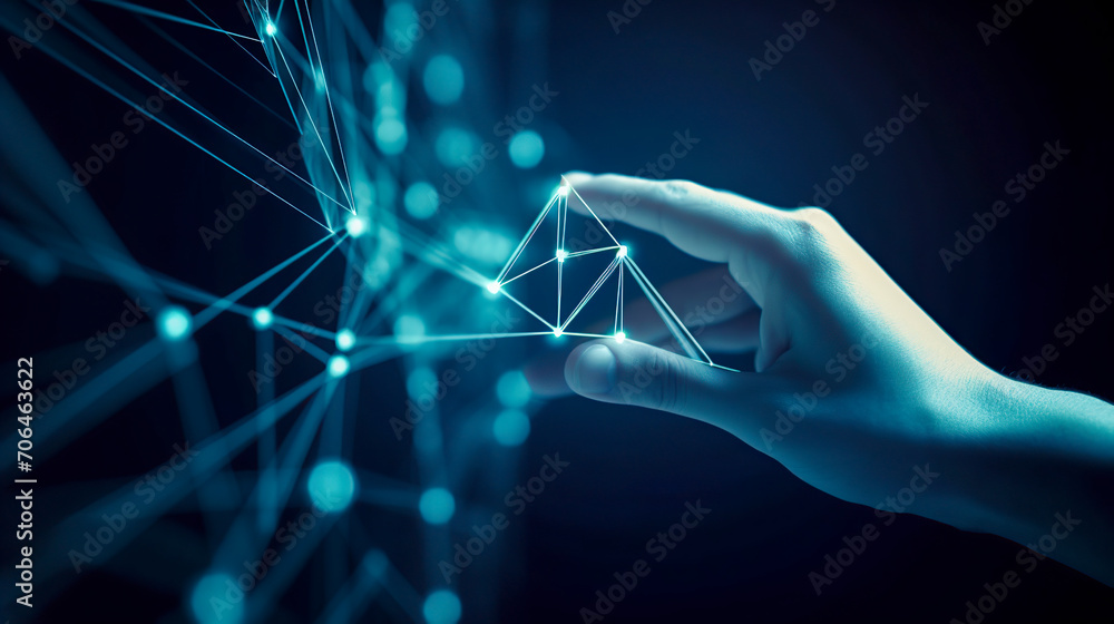 Wall mural a hand interacting with a complex, glowing network of lines and dots in a dark, futuristic setting, 