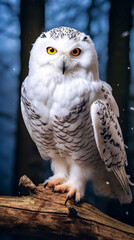 Naklejka premium Snowy owl, Bubo scandiacus, isolated sitting on a wooden branch