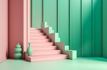 a modern, minimalist aesthetic with a pink staircase and two green vases against a contrasting green wall, ai genertive