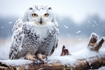 Fototapeta premium Snowy owl, Bubo scandiacus, isolated sitting on a wooden branch