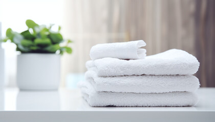 White clean towels on wooden table in bathroom. Space for text  