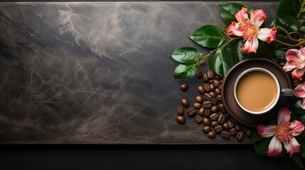 A cup of coffee, coffee bean on wooden tray, on black marble table with copy space	