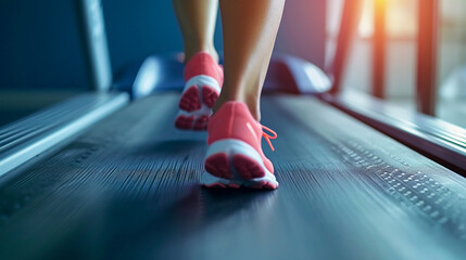 Female athlete starts exercising on the treadmill in the fitness center. with determination On a happy and healthy lifestyle Sporty running concept
