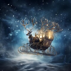 Santa Claus in a sleigh with reindeer antlers. Christmas and New Year background.