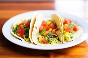 handmade tortilla tacos with scrambled eggs and salsa verde
