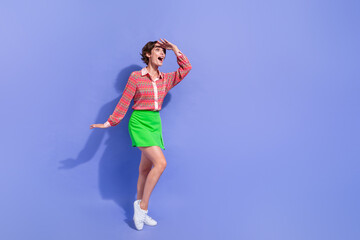 Full length photo of ecstatic impressed girl wear green skirt hand on forehead look at sale empty space isolated on blue color background