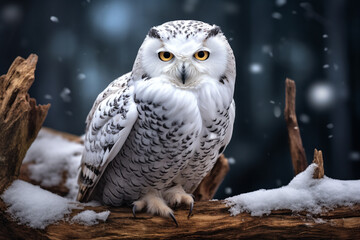 Snowy owl, Bubo scandiacus, isolated sitting on a wooden branch