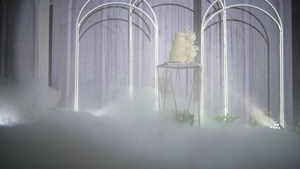 Epic wedding cake presentation with thick smoke. Wedding cake at the reception. Beautiful wedding...