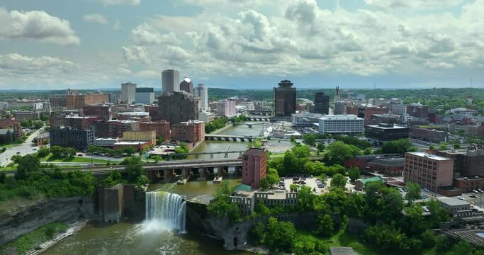 Rochester city landscape with High Falls on Genesee River. Upstate New York urban cityscape with historical northeastern architecture