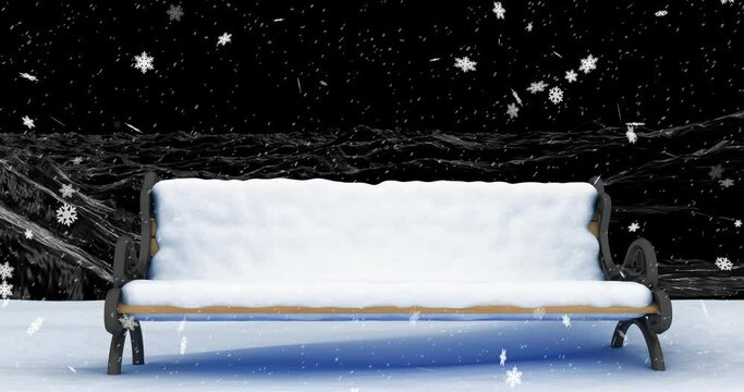 Animation of snow falling over christmas bench in snow in winter scenery