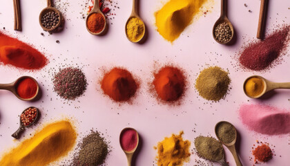 Various spices artistically displayed in spoons and sprinkled on a light pink surface.