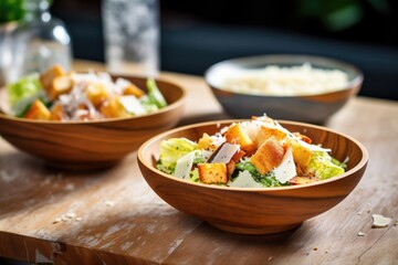 bowls of caesar salad with croutons and parmesan shavings - obrazy, fototapety, plakaty