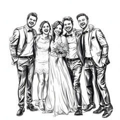 Groomsmen and bridesmaids having fun isolated on white background, sketch, png
