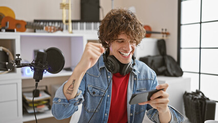 A jubilant young man with headphones in a music studio celebrates good news on his smartphone. - obrazy, fototapety, plakaty
