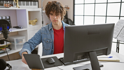 A curly-haired man engages with technology in a modern music production studio, indicating creative...