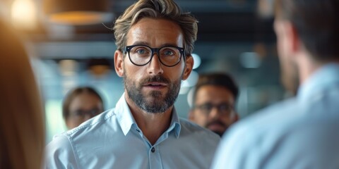 Obraz premium Handsome businessman standing explaining a project to his colleagues on coworking place,