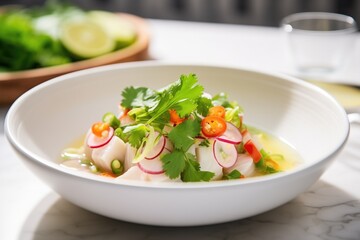 fresh ceviche in a white bowl with lime wedges and cilantro