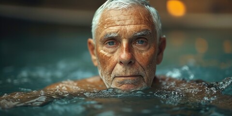 Face of Happy Old man swimming in indoor pool