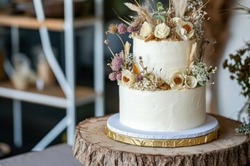 Wedding cake 2 layers rustic farmhouse style minimalist some tiny dried flowers on it golden stroke decoration, copy space.